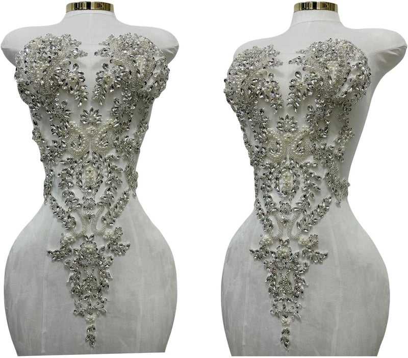 ArtistryXB Handmade Rhinestones Lace Bodice Applique Sew on Beads Sequins Trimming Patches for Dress Clothing Accessories 1Pcs/Bag (Silver) - Image 1